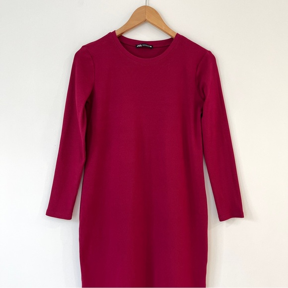 Zara Long Sleeves Ribbed Midi Dress Maroon Red Stretch Womens S - Picture 4 of 8